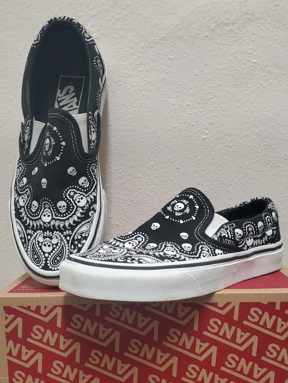 Vans Black & White Bandana Skull Slip-On Shoes